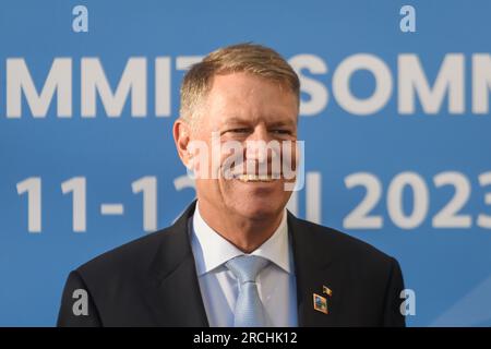 VILNIUS, LITHUANIA. 12th July 2023.  Klaus Werner Iohannis, President of Romania. Heads of States and Heads of Governnments arrives for Social Dinner organised by Lithuanian President, during NATO SUMMIT 2023. Stock Photo