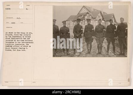 American Military Delegates to the International Armistice Commission, led by Major General Charles D. Rhodes, gather in front of the villa in Spa, Belgium. The villa was previously occupied by Von Hindenburg as German Headquarters during World War One. The photograph was taken in 1919 by SUNDER 50578 PHOTOGRAPHER RECO. Stock Photo