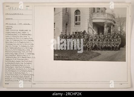 42nd Division staff pictured here, taken on January 8, 1919. Seated left to right are Maj. James J. Crossley, Maj. J.E. Talbot, Maj. Robert J. G111, Lt. Col. Ruby D. Garrett, Lt. Col. C.A. Dravo, Col. John M. Johnson, Col. W.M. Hughes, Maj. Gen. C.A.P.Flagler, Col. J. Fleming, Col. David S. Fairchild, Lt. Col. George V. Graham, Lt. Col. S.M. Rambough, Maj. R.H. Bertram, Maj. A.D. Fetterman, Maj. John A. Wheeler. Standing: Capt. Edward McMurray, Capt. Dennis J. Downing, Maj. Bradford Butler, Maj. A.J. Campbell, Maj. M.V. Sharp, Capt. J.E. Boyd, Lt. H.W. Fletcher, Maj. Hallet, Maj. Angun MacIvor Stock Photo