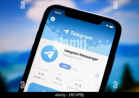 China. 15th July, 2023. In this photo illustration, the logo of the Telegram app is displayed in the Apple Store for iphones. Credit: SOPA Images Limited/Ģ����ý Live News Stock Photo