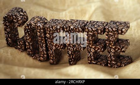 Coffee word consisting of roasted coffee beans standing on sack texture. 3D illustration. Stock Photo