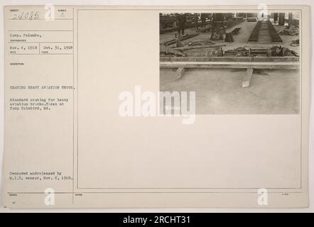 A corporal named Palumbo photographed a heavy aviation truck being crated at Camp Holabird, Maryland on October 31, 1918. The photograph was censored and released by the M.I.D. censor on November 6, 1918. Stock Photo