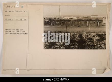 A photograph of a rest camp at Winnell Down in Winchester, England. It was taken on November 5, 1918, by Sergeant 1st Class C. Donnelly. The image shows a view looking north of the camp. Nearby Winchester was used as a base for American military activities during World War One. Stock Photo