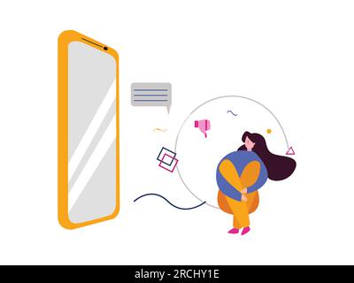 Mental illness psychology disorder depression sickness and girl loneliness sad expression online cyber bullying Stock Vector