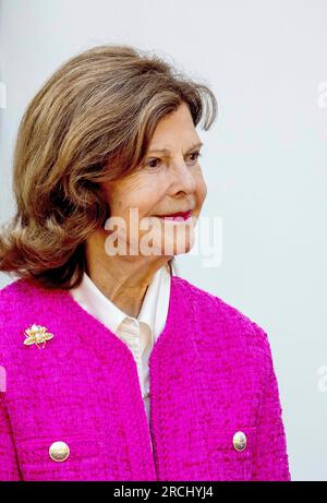 Borgholm, Schweden. 14th July, 2023. Queen Sylvia of Sweden at Solliden Palace in Borgholm, on July 14, 2023, to attend the celebrations of Crown Princess Victoria 46th birthday Credit: Albert Nieboer/Netherlands OUT/Point De Vue OUT/dpa/Alamy Live News Stock Photo