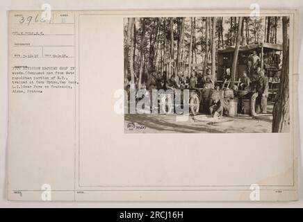 CPL. K. Polk, a photographer for the S.C., took this photograph on September 2, 1918. The image features the 7vision machine shop located in the woods near Pere en Tradenois, Aisne, France. The machine shop was operated by men from the Metropolitan area of New York who were trained at Camp Upton, Yap Hank, Long Island. Stock Photo