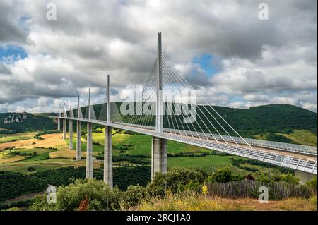 The Millau viaduct of the A75 motorway crossing the Tarn valley in Occitanie, France Stock Photo