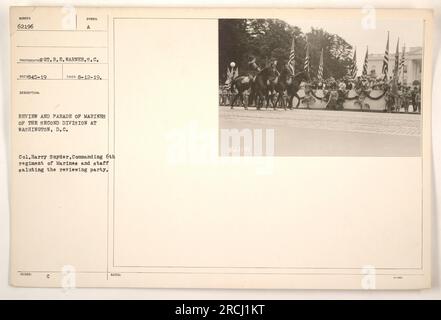 Colonel Harry Snyder, the commanding officer of the 6th Regiment of Marines, and his staff can be seen saluting the reviewing party during a review and parade of Marines of the Second Division in Washington, DC. This photograph was taken on August 12, 1919, by GT. R. E. Warner of the US Signal Corps. Stock Photo