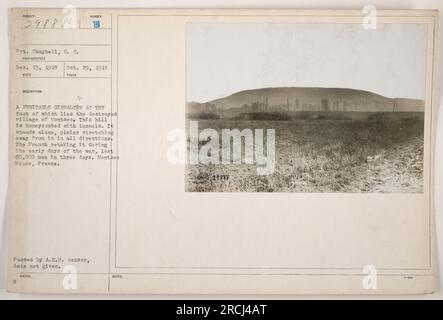 A photograph taken on October 29, 1918, by Pvt. Campbell, S. C., showcases the hill of Montsec in Meuse, France. The hill, a strategic point which the French retook early in the war, was fortified with tunnels and overlooked the destroyed village below. The French suffered heavy losses, with 60,000 men, in just three days during their initial recapture. (Note: The caption provided is a factual description of the photograph and its historical context as taken from the description in the original record) Stock Photo