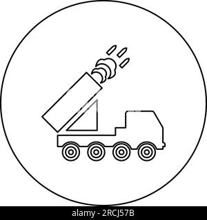 Multiple launch volley reactive rocket system fire shoots missiles icon in circle round black color vector illustration image outline contour line Stock Vector