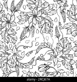 Hand drawn ink vector pumpkin gourd squash leaves and flowers. Sketch illustration art for Thanksgiving, harvest, farming. Seamless pattern. Design Stock Vector