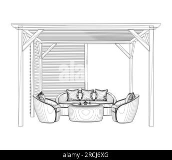 Gazebo outline garden modern graphic black white architect landscape sketch illustration vector. Gazebo garden modern graphic contour architect landsc Stock Vector