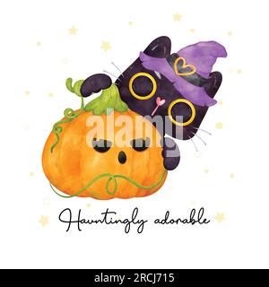 A cute and curious black cat with a witch hat peers from behind a pumpkin, creating a whimsical Halloween scene. This watercolor artwork captures the Stock Vector