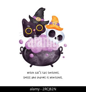 Adorable and humorous watercolor illustration. A cute black cat and a skull wearing a witch hat are brewing up magic in a bubbling cauldron, bringing Stock Vector
