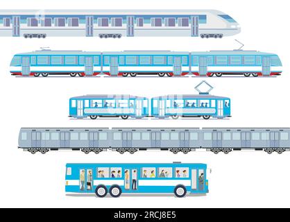 Set of passenger trains, tram, high speed train and subway train, illustration Stock Vector