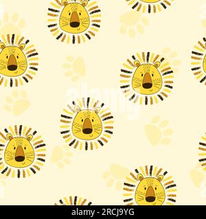 Cute lion head seamless pattern. Vector background for kids. Stock Vector