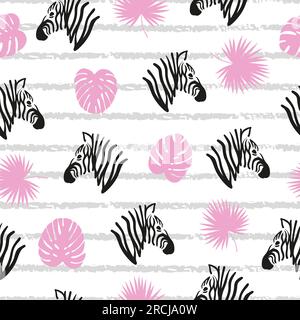 Seamless striped abstract pattern with zebra heads and tropical leaves. Stock Vector