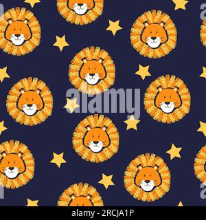 Cute lion head seamless pattern. Vector repeat background. Stock Vector