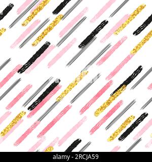 Diagonal Stripes seamless pattern. Abstract background in pink, black and golden colors. Stock Vector