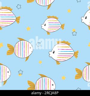 Seamless childish pattern with doodle striped fish. Stock Vector