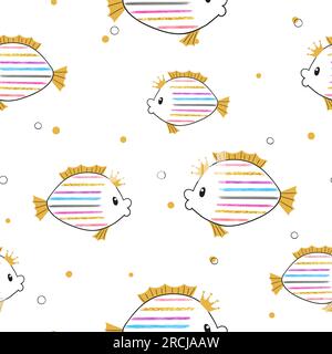 Seamless pattern with doodle striped fish. Stock Vector