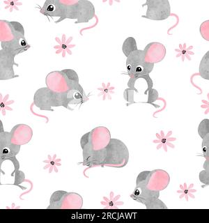 Seamless watercolor cute mice pattern. Vector mouse background for kids. Stock Vector