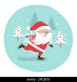Merry Christmas card design. Skating Santa Claus. Vector illustration. Stock Vector