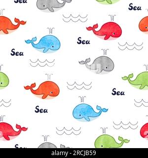 Childish seamless pattern with cute colorful whales. Stock Vector