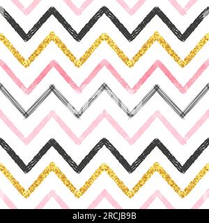 Seamless chevron pattern. Hand drawn pink, golden and black brush stroke lines. Stock Vector