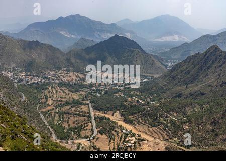 Aerial view of Buner from the top of the mountain Karakar pass Stock Photo