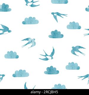 Flying swallows and clouds silhouettes. Seamless watercolor pattern. Stock Vector