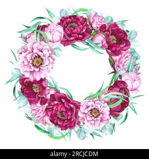 Watercolor illustration of a wreath of peony buds in pink magenta color and eucalyptus leaves isolated on a white background. Stock Photo