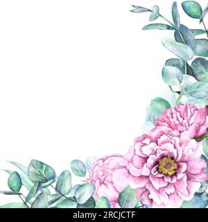 Watercolor illustration of a wreath of peony buds in pink magenta color and eucalyptus leaves isolated on a white background. Stock Photo