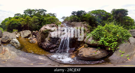360 degree panoramic view of Waterfall in the green forest. Sri Lanka. Virtual Reality 360.
