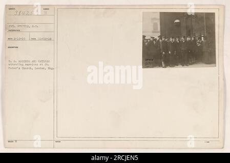 U.S. Marines and sailors attending a religious service at St. Peter's Church in London, England. Photograph taken on November 14, 1918. Image number 38425. Caption information provided by Pvt. Gunchor on February 13, 1919. Stock Photo