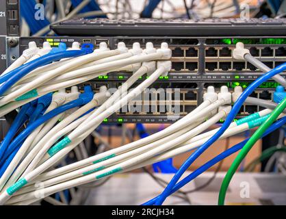 Ethernet cables connected to the network equipment Stock Photo