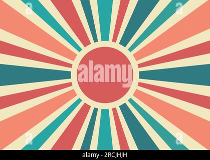 Vintage striped backdrop with a sun. Bright groovy poster or placard. Retro sunburst background. 70s old fashioned colorful radiate lines banner. Stock Vector