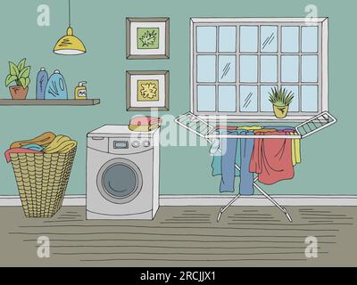 Laundry room home interior graphic color sketch illustration vector Stock Vector