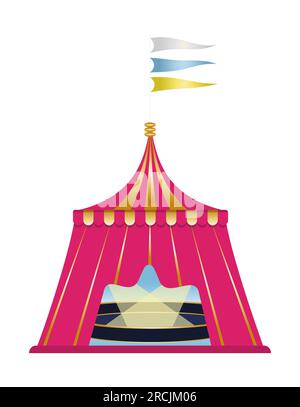 Circus tent Design element Red and golden striped circus tent with flags Vector illustration Isolated on white background Stock Vector