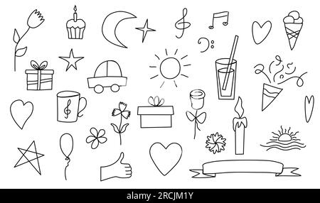 Set of holiday doodles. Sketch of party decoration Black outline design element  Hand drawn vector illustration isolated on white background. Stock Vector