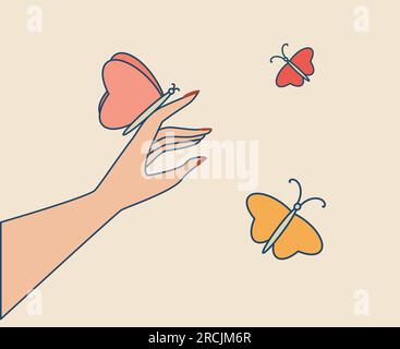 Butterfly on female hand Butterflies flying. Groovy vector illustration. Design element Isolated Stock Vector