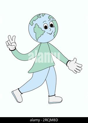 Funny planet in trendy retro cartoon style. Earth Day and World Environment Day design element Vintage planet mascot Vector illustration, Isolated on Stock Vector