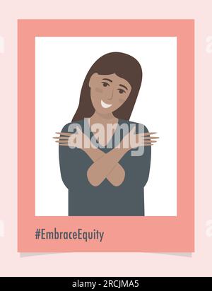 Beautiful young person portrait #EmbraceEquity Give equity a huge embrace. International Women's Day 2023 Embrace equity. Equal opportunities are no l Stock Vector