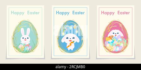 Happy Easter card Funny rabbit in egg vertical illustrations collection Design element Vector illustration Isolated Stock Vector