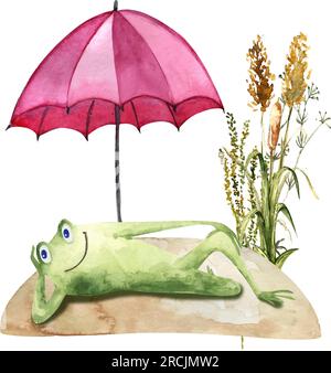 A funny frog is lying on the lawn under an umbrella. Watercolor children s illustration. Cartoon. Stock Vector