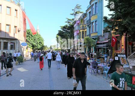 View of a road with shops and restaurants in Sultanahmet area in Istanbul, Turkey Stock Photo