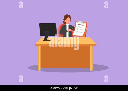 Cartoon flat style drawing smiling banking clerk showing bank credit, loan contract or mortgage agreement sitting at desk with computer. Pretty busine Stock Photo