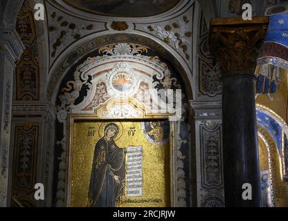Byzantine mosaic depicting Virgin Mary in the interior of the Baroque style Santa Maria dell' Ammiraglio in Palermo Sicily, Italy. Stock Photo