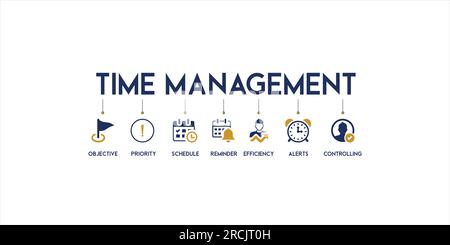 Banner time management vector illustration concept with English keywords and icon of objective, priority, schedule, reminder, efficiency, alerts Stock Vector