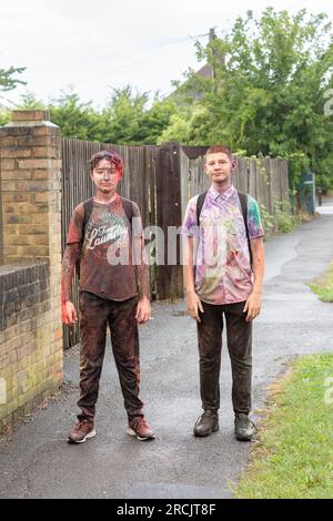 Uxbridge, England. 14th July, 2023 school kids covered in paint in the  working-class area of Yiewsley in Boris Johnson's former constituency.A by-election for the United Kingdom parliamentary constituency of Uxbridge and South Ruislip is scheduled for 20 July 2023, following the resignation of former Prime Minister Boris Johnson as its member of Parliament on 12 June.Credit: Horst Friedrichs/Alamy Live Stock Photo